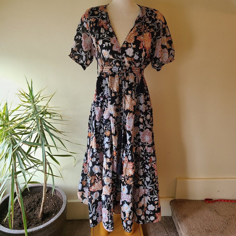 Elan Tiered Floral Boho Short Sleeve Maxi Dress